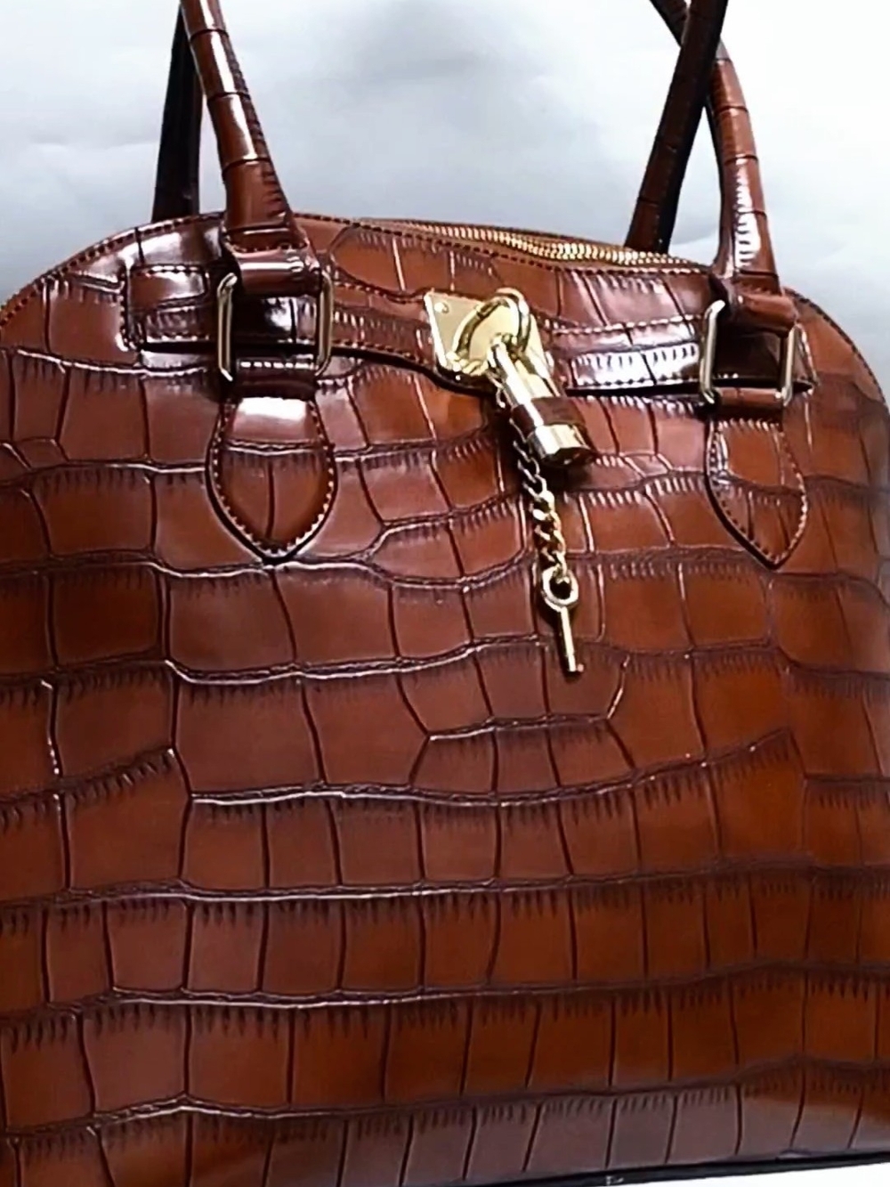 Brown Croc-Embossed Satchel Handbag with Gold Hardware